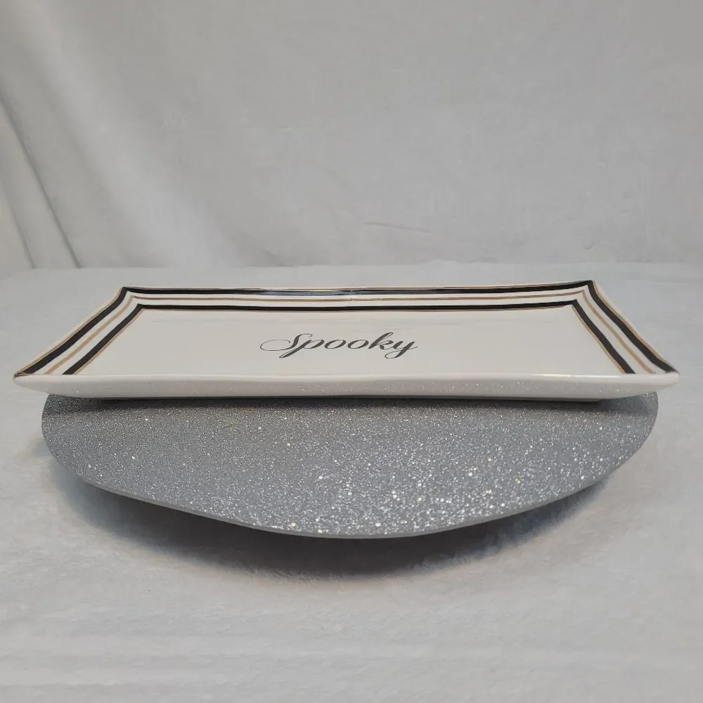 Terramoto Ceramic Halloween Spooky Serving Tray Platter White Black Gold Stripes